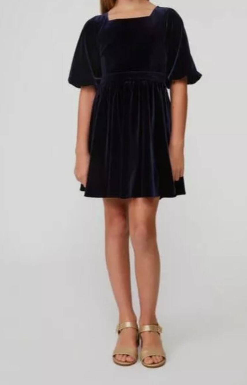 BARDOT Girl's Wynter Velour Dress Size 16 Navy Blue Short Puff Sleeve NWT